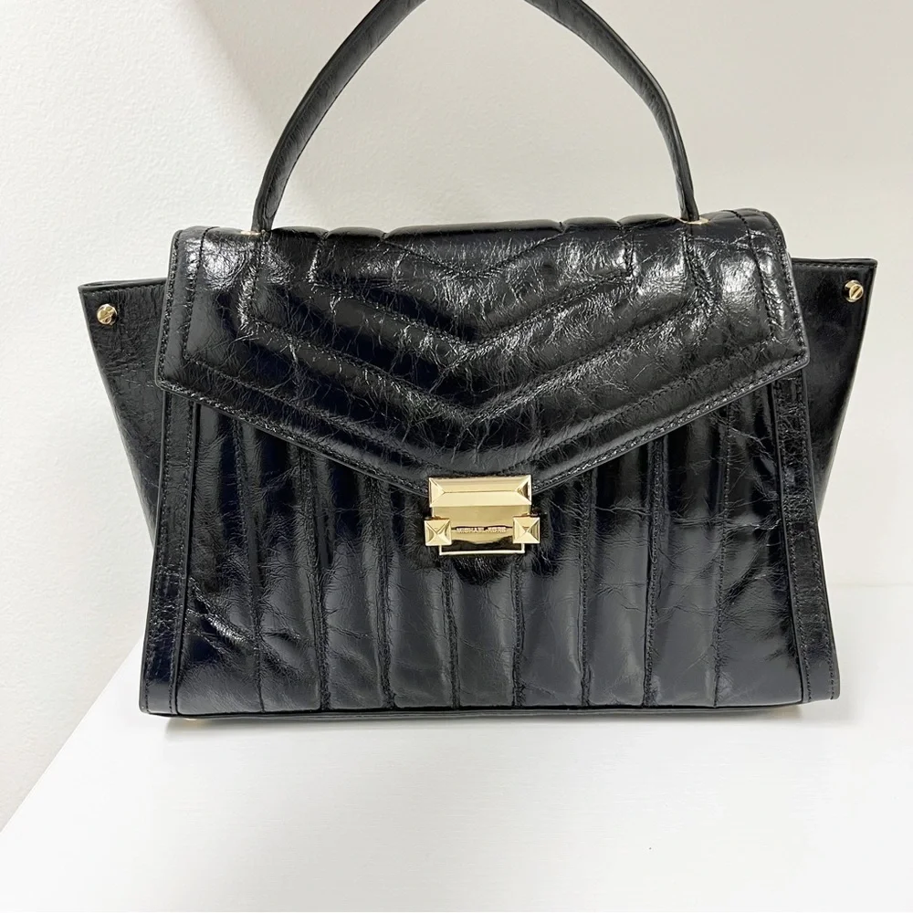 Michael Kors Whitney Large Quilted Crackle Leather Satchel Black